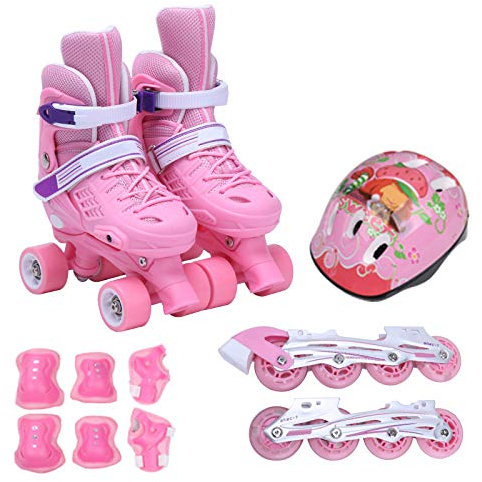 ZCRFY Rollschuhe Kinder mädchen Jungen Verstellbar Inline Skates Quad Roller für 6-12 Jahre Inliner Mit Schutzausrüstung Helm Set,Pink-M(31-34)
