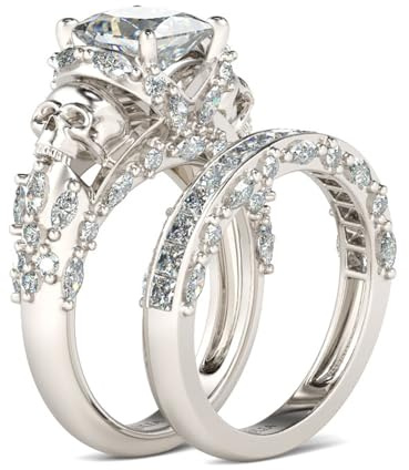 Jeulia 2 Stück Schädel Ringe Set Sterling Silber Prinzess-Schliff Ringe Schmuck für Braut Hochzeit Band Verlobungsring Damen (57 (18.1))