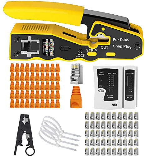 MAYLINE RJ45 Crimp Tool Kit Cat5 Cat5e Ethernet Crimping Tool with 50pcs Pass Through Ethernet LAN Connectors, Multi-Function Cable Tester Crimper Tool Network Wire Stripper(Dark)