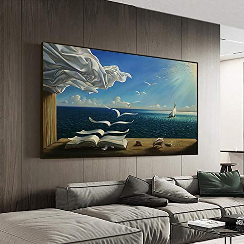 Xinmei Art Salvador Dali Ölgemälde Die Wellen Buch Segelboot Wandbilder auf Leinwand Poster und Drucke Wandkunst Bilder Dekoration 80x120cm (32x47in) Mit Rahmen