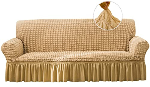 Qubjus Stretch Sofabezug Sofabezüge Waschbar Möbelschoner Couch Sofabettbezug mit elastischem Boden und Rock für Kinder Haustiere (Beige, Medium)