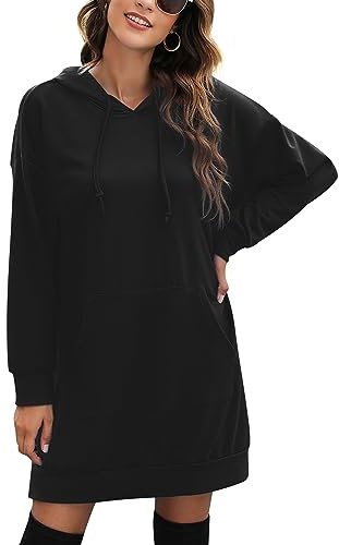 Migcaput Damen Hoodie Langarm Sweatshirts mit Kapuze Kapuzenpullover Lang Kleid Sweatkleid Casual Minikleid mit Taschen Schwarz L