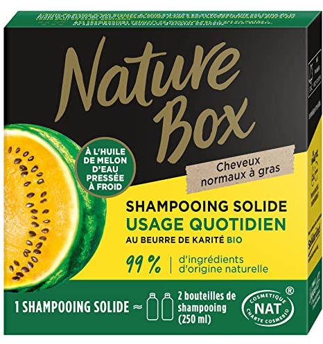 Nature Box Shampoing Solide Usage Quotidien Cheveux Normaux à Gras – Shampooing Végan à l'Huile de Melon d'Eau Pressée à Froid – 99% d’Ingrédients d’Origine Naturelle – 85 g