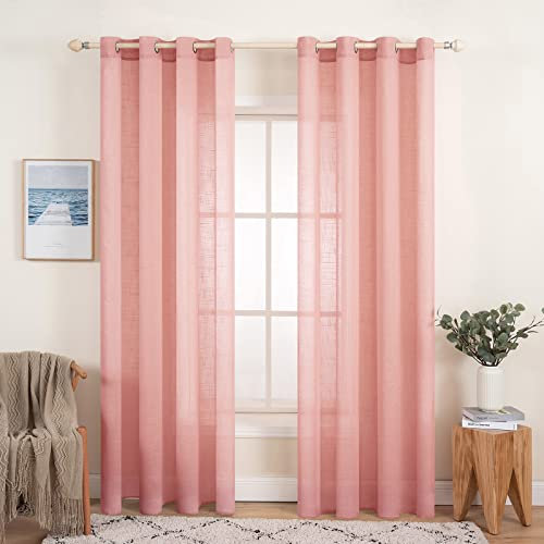 MIULEE Tende Lino Trasparenti Rosa con Occhielli, 2 Pannelli 140L x 280A cm - Tende Soggiorno & Camera da Letto Filtranti Luce per Interni