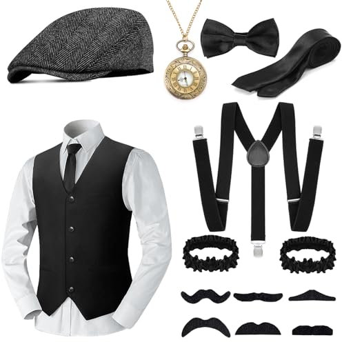 WEARXI 20er Jahre Herren Accessoires, Mafia Karneval Kostüm Herren, Peaky Blinders Kostüm, 20er Jahre Accessoires, Fasching Kostüme Hosenträger Kostüm Set Deko (Schwarz-2, XL)