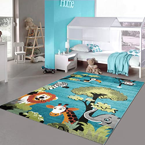 Waldtier-Teppich in Blau für das Kinderzimmer Größe 140 x 200 cm