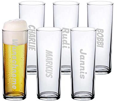 LUXENTU Bierglas mit Gravur, Kölsch-Glas/Kölner Stange mit 0,2 Liter Eichung, Persönliche Lasergravur mit Name, 6 Stück, Personalisiertes Geschenk, Spülmaschinenfest