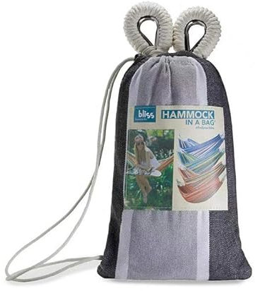 Bliss Hammocks Grau-weiß gestreifte Hängematte in einer Tasche