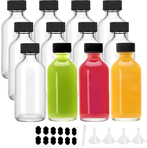 YBCPACK 12 Pack Glass Shot Bottles with Lids 60ml Small Ginger Bottles Refillable with 4 Mini Funnels, 12 Chalk Labels and 1 Pen, Clear Miniature Alcohol Bottle for Ginger, Juice, Essential Oil