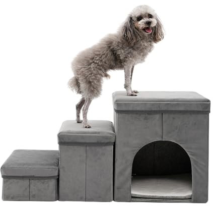 Arkyomi 3 Stufen hundetreppe für kleine Hunde hundetreppe mit stauraum für Bett Sofa 40cm hoch katzentreppe für alte Katzen Schwamm haustiertreppe grau blau