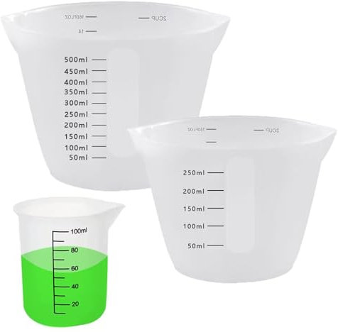 Juego de 3 Vasos Medidores de Liquidos, Copas Medidoras de Silicona, 500 ml/250 ml/100 ml, Resina Epoxi, Transparente con Escala