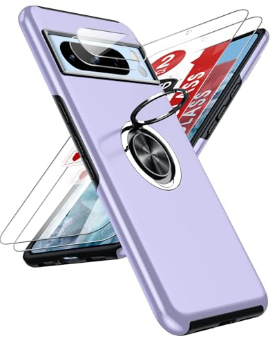LeYi for Google Pixel 8 Pro Phone Case with 2 Screen and 2 Lens Protector | with 360 Ring Holder Stand Magnetic Shockproof Heavy Duty Phone Cover for Pixel8 Pro Purple