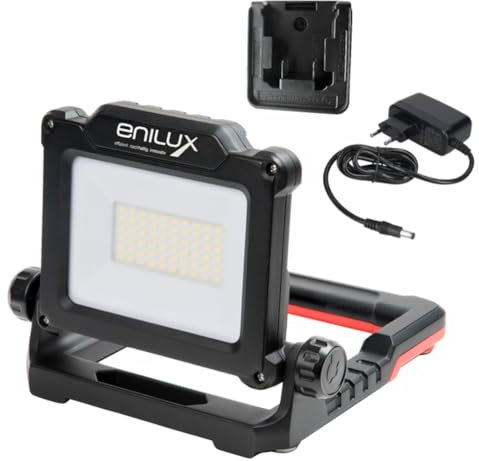 ENILUX LED Fluter MOBIL PRO 18V Akku-Baustrahler inkl. Netzteil + 1x Adapterplatte kompatibel mit DeWalt DCB18 oder Milwaukee M18, LED Arbeitsleuchte, Akkuleuchte für Akkus von DeWalt oder Milwaukee