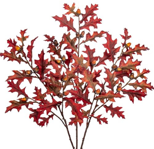 Briful 3PCS Künstliche Eichenblätter Stiele Herbstliche Kunstzweige mit Eichel Dunkelrote Herbst Blätter für Blumengesteck Home Wohnzimmer Dekoration