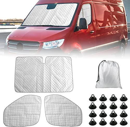 Parasol para Parabrisas para Mercedes Sprinter 2019-2025, 3 Piezas Juego de Parasol Térmico Interno UV-Proof protección Solar con Espalda Negro, 98% Oscurecimiento