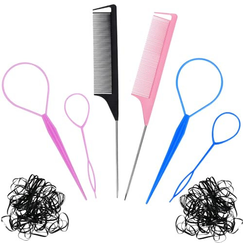 Acooruiteng Topsy Tail Kit - Hair Braiding Tool, French Braid Loop, Pull Through, Styling Tool with Rat Tail Comb and Rubber Bands (6 Pcs)