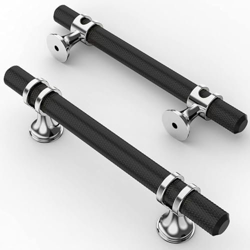 Coinkoly 10 Pack Matte Black and Polished Chrome Cabinet Pulls 128MM Hole Centers Kitchen Cabinet Handles Knurled Drawer Pulls Kitchen Cupboard Handles UK0002
