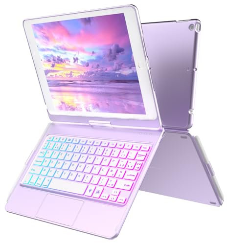 TQQ Clavier pour iPad (7e, 8e et 9e Générations) avec Pavé Tactile de Précision, Clavier Rétroéclairé 10 Couleurs de Type Ordinateur Portable, Rotatif à 360°, Clavier Français AZERTY
