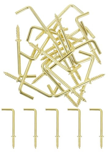 QUARKZMAN 40 Piezas Ganchos en Forma de L, Ganchos de Ángulo Recto de 1-1/2 de Acero al Carbono Pequeños Ganchos de Tornillo en Forma de 7 para Colgar, Dorado