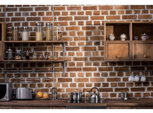 Xiaoterna 2,5x1,8m Toile de Fond Murale Cuisine Salon Ustensiles de Cuisine Fond Photographique Ustensiles de Cuisine Toile de Fond Murale Rustique en Briques de Pierre Brunes Décoration