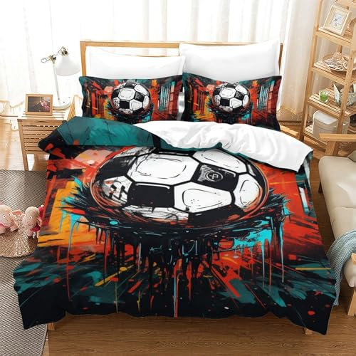 BEDPOCHY 3 Teilig Ettbezug Und Kissenbezug Bettwäsche Set Fußball,Microfaser 3D Digitaldruck,Design Bettbezüge Mit Reißverschluss Für Kinder Jugendliche Erwachsene Single（140x200cm）