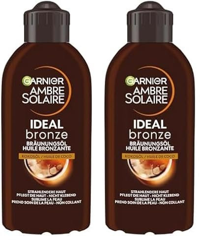 Garnier Bräunungsöl für vorgebräunte und dunkle Haut, Feuchtigkeitsspendendes Sonnenöl mit Kokosduft für intensive Bräune, Ambre Solaire Ideal Bronze, 1 x 200 ml (Packung mit 2)