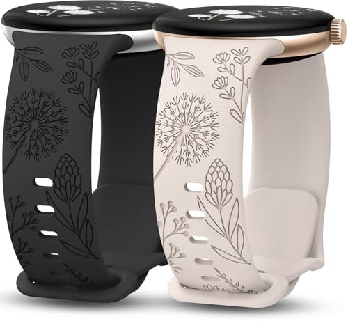 TOYOUTHS 2 Stück Floral Gravierte Armband Kompatibel mit Google Pixel Watch 3/4, Weich Silikon Löwenzahn Blume Sport Armband für Damen, Polarstern/Schwarz