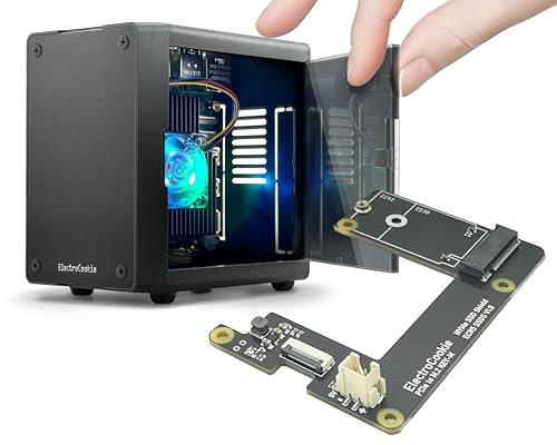 ElectroCookie Mini PC Case para Raspberry Pi 5 con M.2 NVMe SSD PCIe HAT y enfriador de iluminación RGB activo (funda negra + sombrero M.2 [ECR5 SSDS])