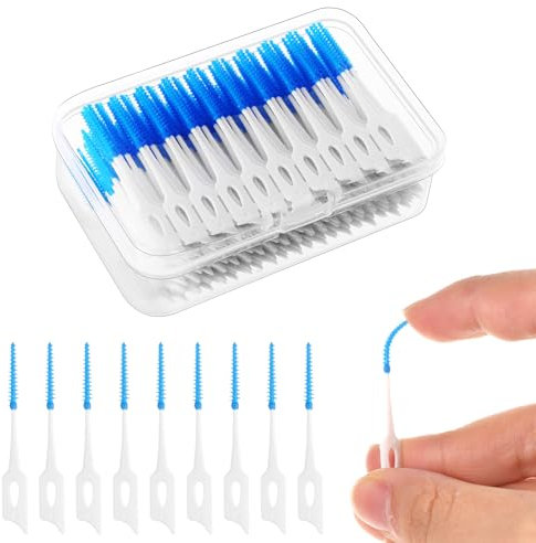 RAYITO 350 Pieces Interdental Brushes, Silicone Dental Brushes 2-in-1 Blue Tooth Floss Picks Teeth Floss Sticks Dental Toothpicks Cleaning Tool for Braces Oral Cleaning(Blue)