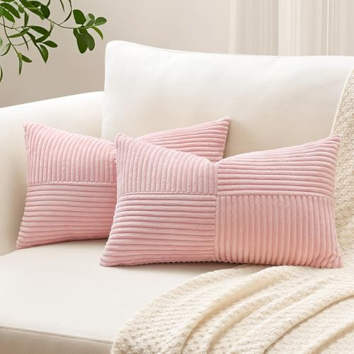 Sungeek Juego de 2 Fundas de Cojínes de Pana Suave 30x50 cm Fundas de Almohada Decorativas con Patchwork a Rayas Cruzadas Funda Cojines para Sofá Cama Dormitorio Sala de Estar, Rosa