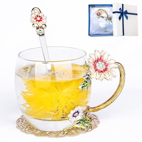 Flower Tea Cup,Butterfly Daisy Glass Fancy Coffee Mug with Spoon,Gift Box for Her Mom Wife Grandma Girls Friends Valentines Christmas Birthday Present Idea for Juice,Hot/Cold Drinks Use (purple-A)
