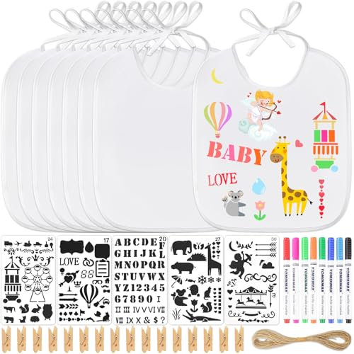 8 Stück Baby Lätzchen zum Bemalen, Babylätzchen Baumwolle mit 8 Malen Schablonen 5 Textilstifte, Lätzchen für Babyshower Party Junge Mädchen