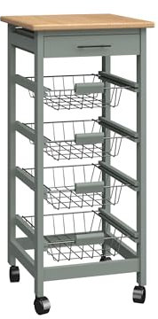 Duffy Mobile Kitchen Wooden 4 Tier Rolling Basket Organiser Cart, Rolling Kitchen Island with 4 Basket Storage, Solid Wood Frame Utility Cart with Wire Fruit Basket and Drawers