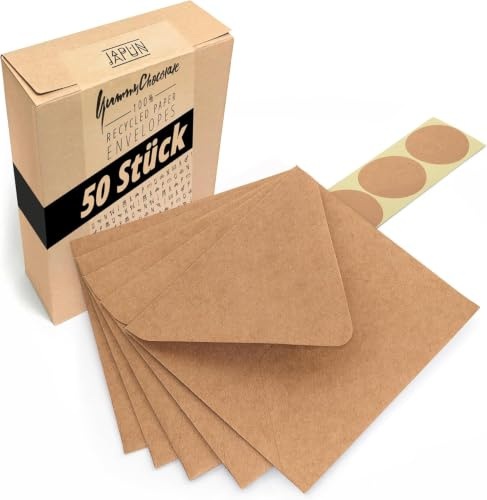 Japun - quadratische Briefumschläge (50 Stück) - 150 x 150 mm, braun | Kuvert aus 150 g/m² Kraftpapier, Umschlag mit Nassklebung ohne Fenster, für Einladungen zum Beschriften und Bedrucken