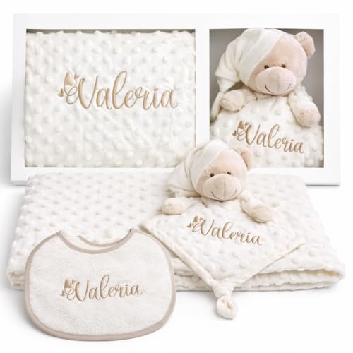 Danielstore Pack Manta Bebe Personalizada + Doudou Bordado + Babero Regalo Personalizado para Recien Nacido Niño o Niña Mantita Minky Suave 80x100cm Dou Dou 25x25 cm Cuna Coche