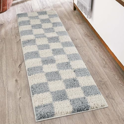 Chester Checkered Soft Shaggy Hallway Runner Rug, Duck Egg Blue, 60x220cm