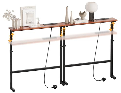 Luxstein 2 Pack Slim Console Table, 150cm Height Adjustable Behind Sofa Table with Charging Station for Hallway, Entryway, Living Room, Rustic Brown