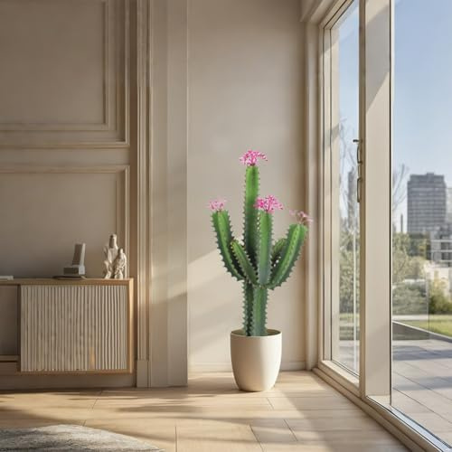 DanLink 90CM Großer Künstlicher Kaktus Im Topf, Realistische Wüstenpflanze Mit Blüten, Deko Kunstkaktus Für Zuhause, Büro Garten, Pflegeleichte Fake, Pflanze Als Stylisches Einweihungsgeschenk