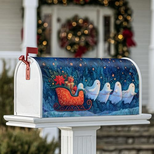 Magnetische Briefkastenabdeckungen mit Schlitten, weihnachtliche Geister, Geschenke, Weihnachten, rote Briefkasten-Verpackung für Veranda, Dekoration, 53,3 x 65,5 cm