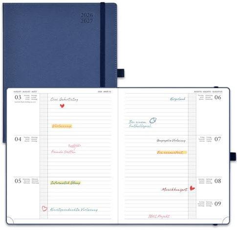 POPRUN Kalender 2026 2027 Horizontale Wochenplaner ca.A4(21,2 x 25,9cm) | 17-Monate-Terminplaner,(Aug.2026-Dez.2027),Terminkalender,Hardcover mit PU-Leder,Wochenplaner 1 Woche 2 Seite(Marineblau)