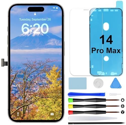 FHD Display für iPhone 14 Pro Max 6,7 LCD Incell Bildschirm COF Digitizer | Reparaturset mit Werkzeugen, Dichtung und gehärtetem Glas, Retina LCD mit True Tone & Face ID Unterstützung