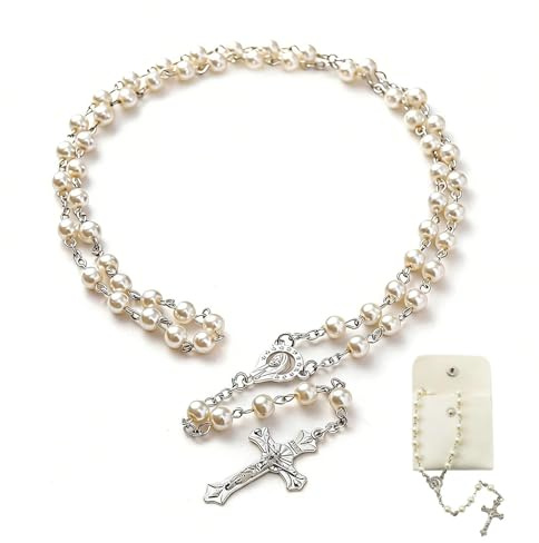 KNUIUYY Collier de Croix Catholique Élégant, Chapelet de Communion avec Croix Rétro, Chapelet Catholique avec Pochette Cadeau en Velours, pour Baptême/Communion/Mariage﻿