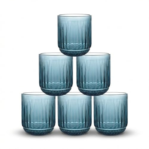 INDE SANTA CLARA | Set 6 Vasos de Cristal Agua 270cc Odiel Azul, Vasos Agua de Vidrio Relieve Azul, Aptos Lavavajillas y Microondas
