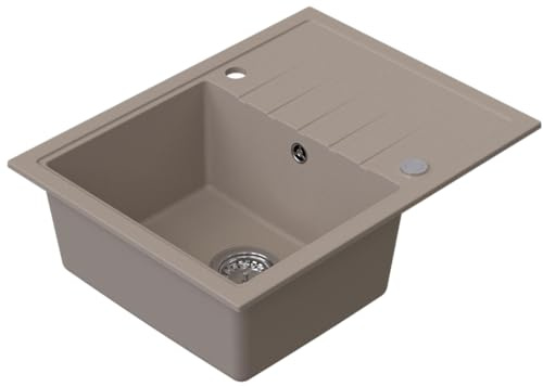 HOMEVELLO Spülbecken AXION Einbecken Granitspüle 65x50x20,5cm Beige, Hochwertige Küchenspüle mit Siphon, Abtropffläche, Pflegeleicht, Kratzfest, Moderne Design, Perfekt für jede Küche