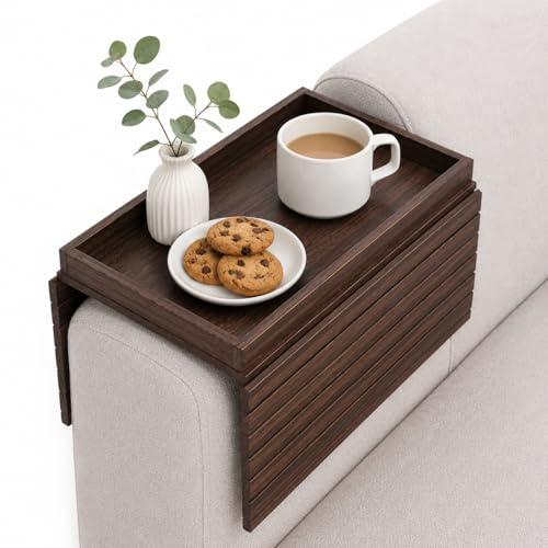 Kortemora Foldable Bamboo Sofa Arm Tray, Wooden Couch Armrest Table with Non Slip Backing, Space Saving Sofa Side Tray for Drinks Snacks Remote Laptop, Adjustable Arm Chair Tray, Dark Brown