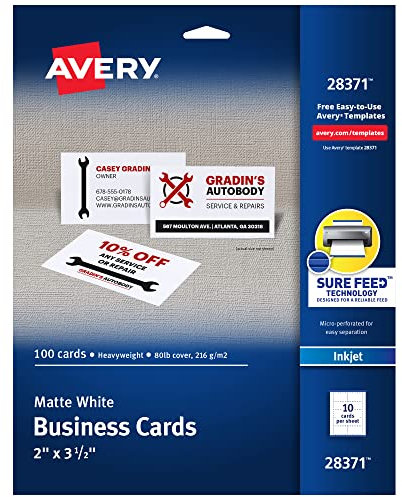 Avery Bedruckbare Visitenkarten mit Sure Feed Technologie, 5,1 x 8,9 cm, weiß, 100 Blanko-Karten für Tintenstrahldrucker (28371)