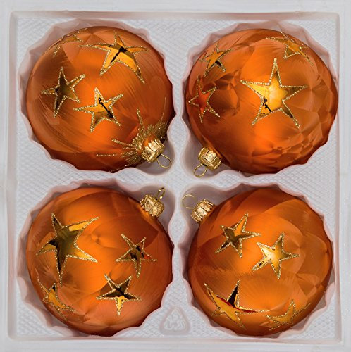 4 TLG. Glas-Weihnachtskugeln Set 10cm Ø in Ice Orange Gold Goldener Stern - Christbaumkugeln - Weihnachtsschmuck-Christbaumschmuck 10cm Durchmesser