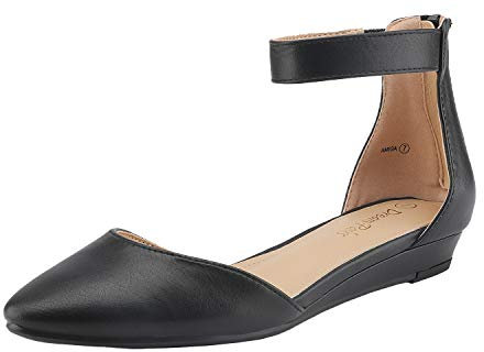 DREAM PAIRS Women's Black Pu Low Wedge Ankle Strap Flats Shoes, Amiga, Size 9 M US /7 UK