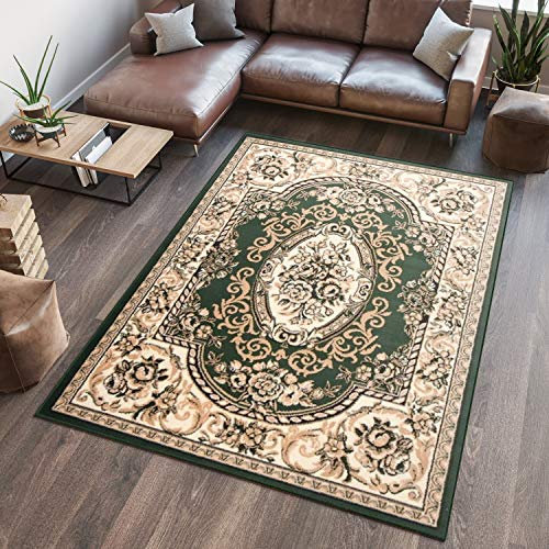 TAPISO Atlas Teppich Grün Beige Kurzflor Traditionell Orient Ornament Mäander Floral Design Bordüre Wohnzimmer Schlafzimmer ÖKOTEX 70 x 130 cm