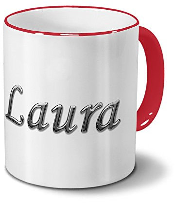 printplanet Tasse mit Namen Laura - Motiv Chrom-Schriftzug - Namenstasse, Kaffeebecher, Mug, Becher, Kaffeetasse - Farbe Rot